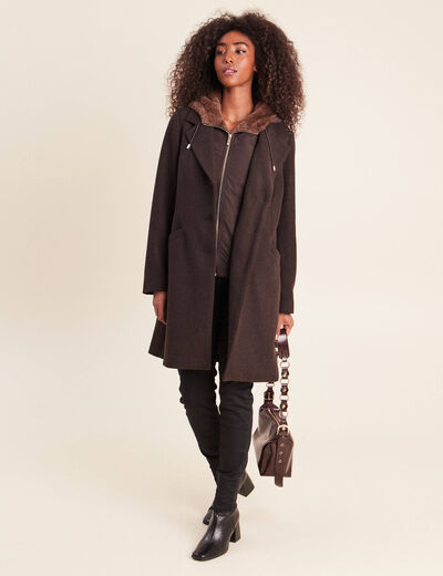 Manteau ajust&eacute; capuche amovible marron fonc&eacute; femme