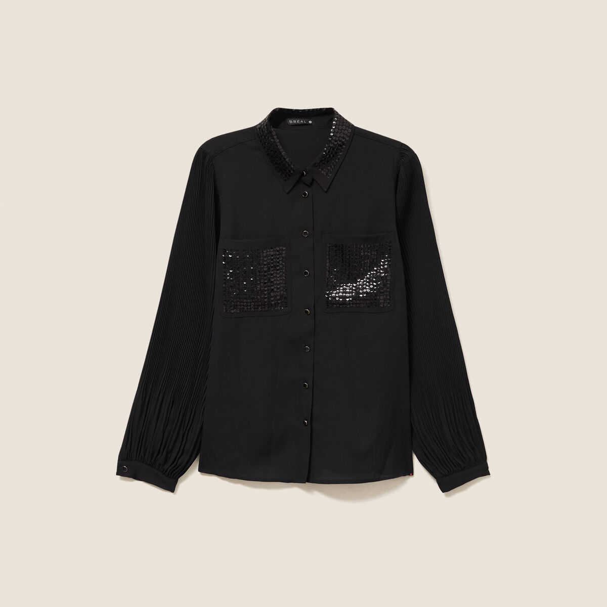 Chemise fluide &agrave; sequins manches longues noir femme