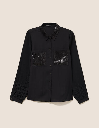 Chemise fluide &agrave; sequins manches longues noir femme