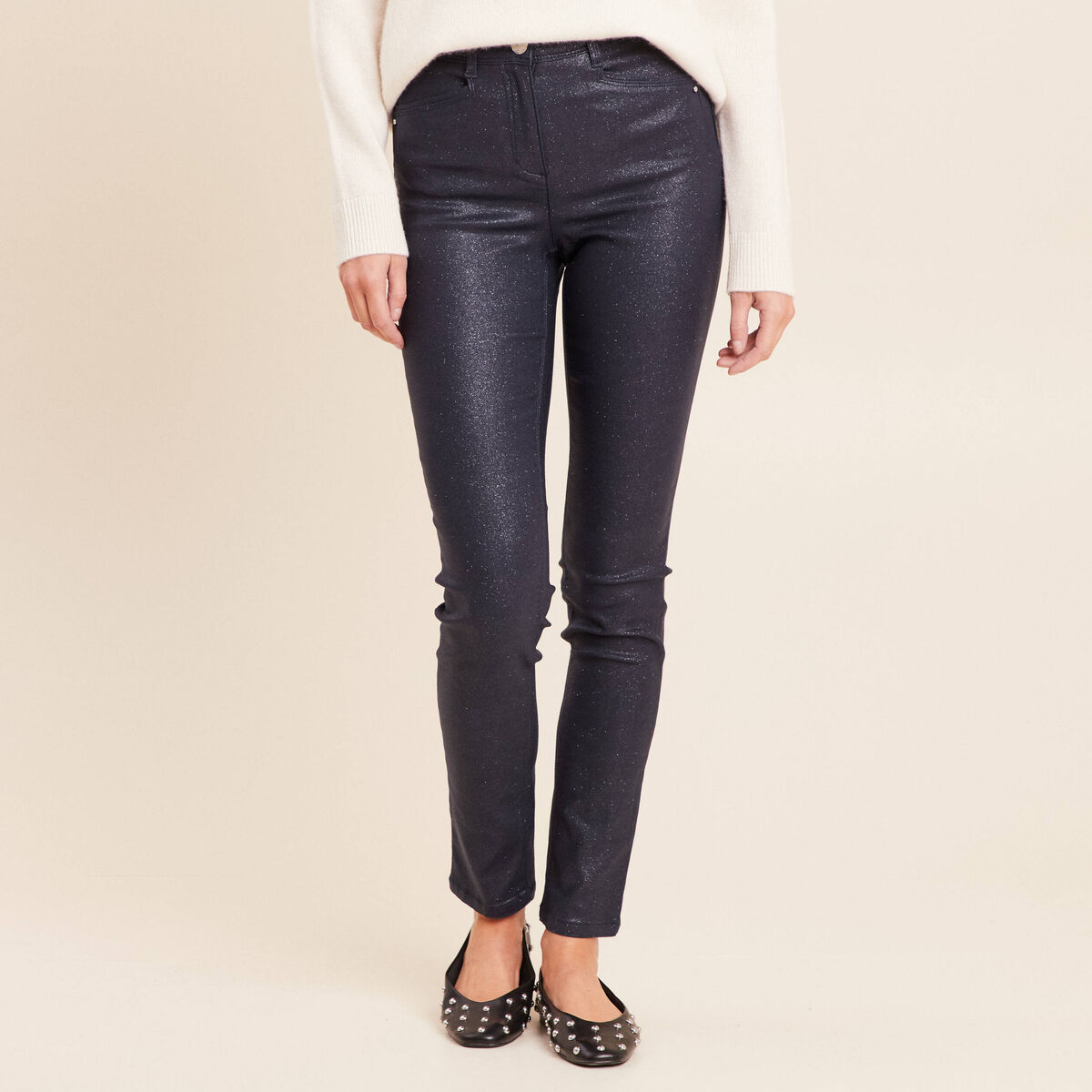 Pantalon iris&eacute; en similicuir bleu fonc&eacute; femme