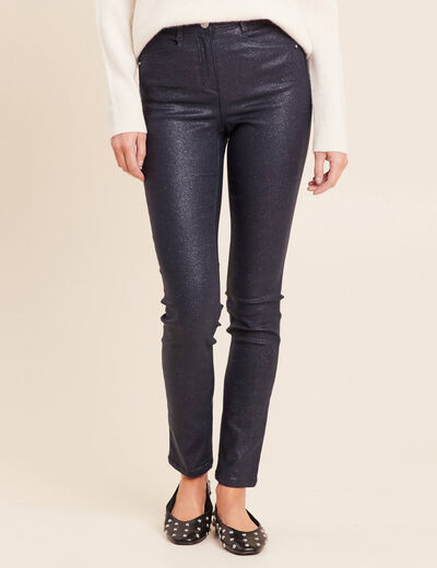 Pantalon iris&eacute; en similicuir bleu fonc&eacute; femme