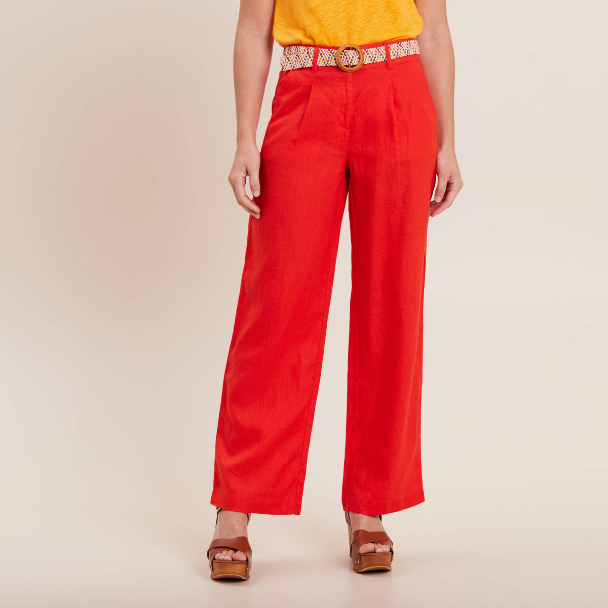Pantalon large ceintur&eacute; orange femme