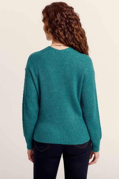 Pull manches longues col en V vert foncé femme