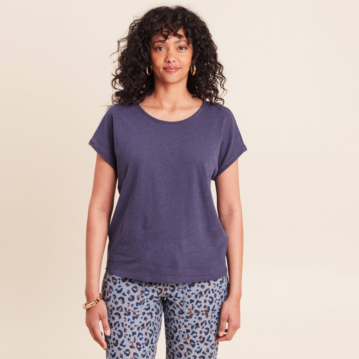 T-shirt col rond manches courtes bleu marine femme