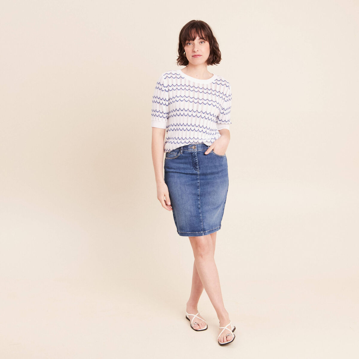 Pull col rond manches courtes bleu femme