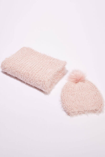 Lot bonnet et écharpe vieux rose femme