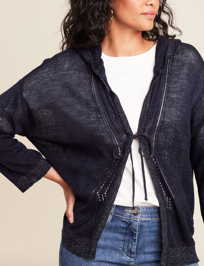 Gilet droit mi-long à capuche bleu marine femme