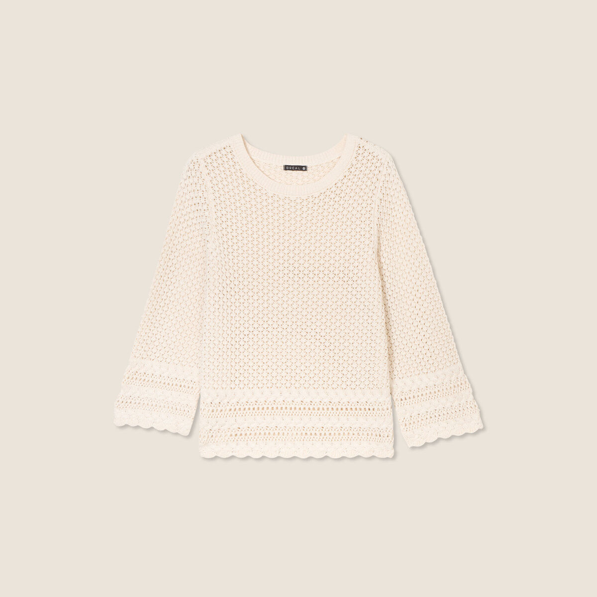 Pull manches 3/4 ajouré ecru femme