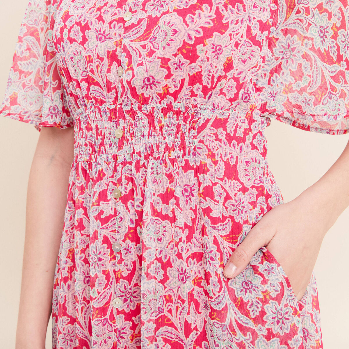 Robe longue &eacute;vas&eacute;e col v manches coudes rose femme