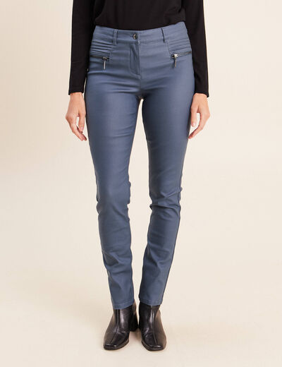 Pantalon enduit ajust&eacute; taille bascul&eacute;e bleu fonc&eacute; femme