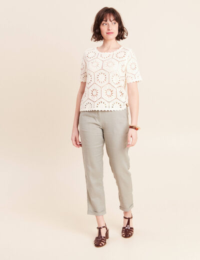 Pull col rond manches courtes dentelle ecru femme