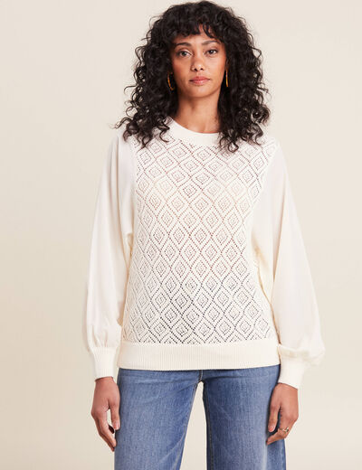 Pull manches longues ajouré ecru femme