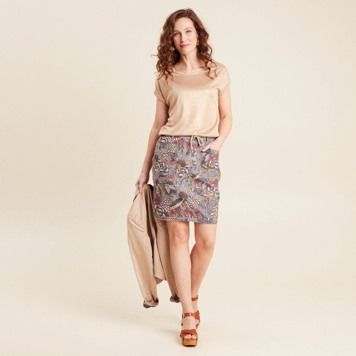 Jupe droite r&eacute;versible 2 poches taupe femme