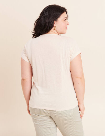 T-shirt col v manches courtes aspect lin beige femme