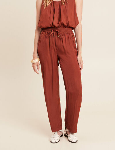 Pantalon coupe large taille haute marron fonc&eacute; femme