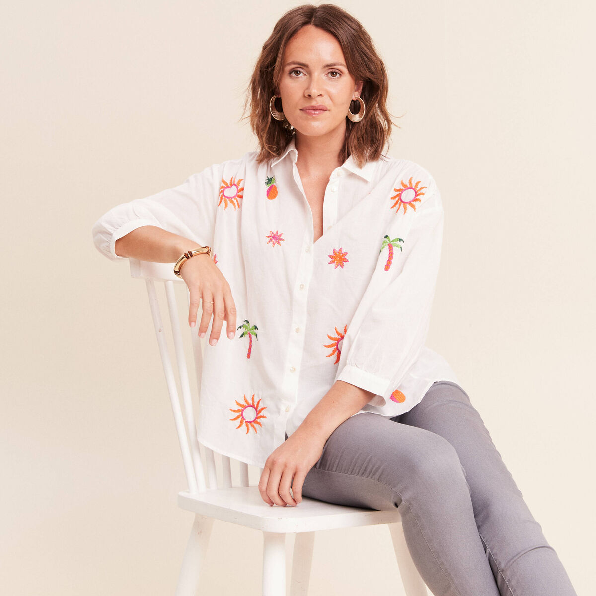 Chemise ample manches 3/4 col chemise ecru femme