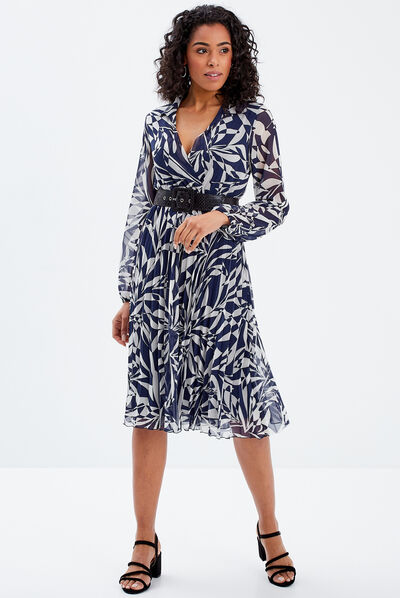 Robe droite bas plissé bleu foncé femme