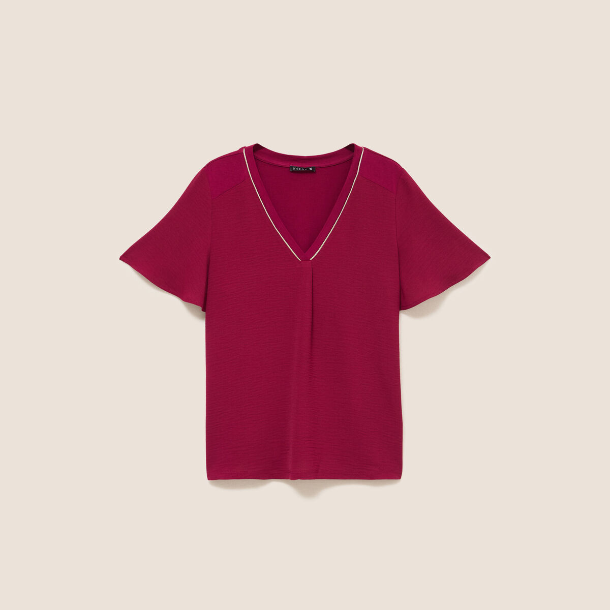 T-shirt bi-mati&egrave;re manches courtes rouge fonc&eacute; femme