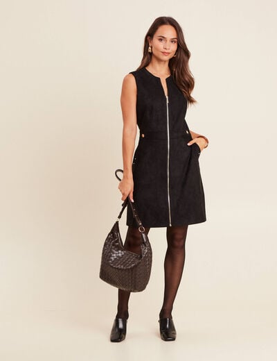 Robe sans manches col rond aspect daim noir femme