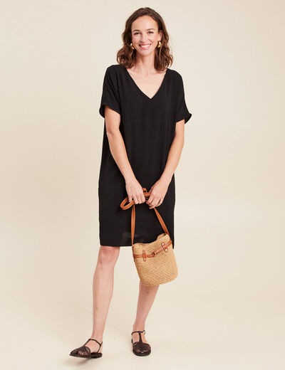 Robe droite courte col v manches coudes noir femme