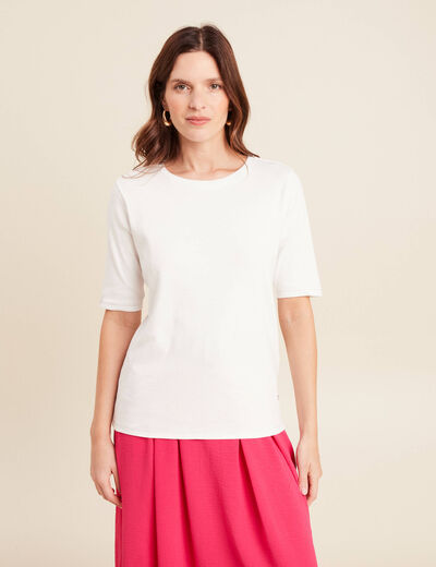 T-shirt ajust&eacute; col rond manches coudes ecru femme