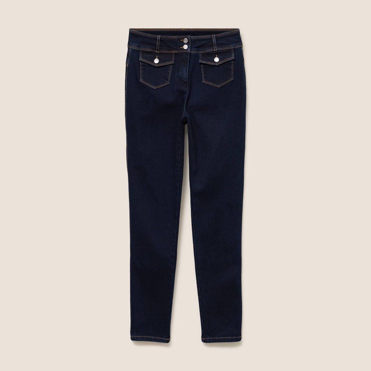 Jean ajust&eacute; taille haute longue denim brut femme