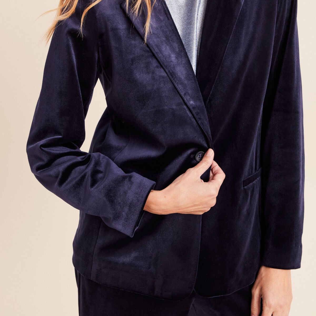 Veste velours manches longues doubl&eacute;e bleu marine femme