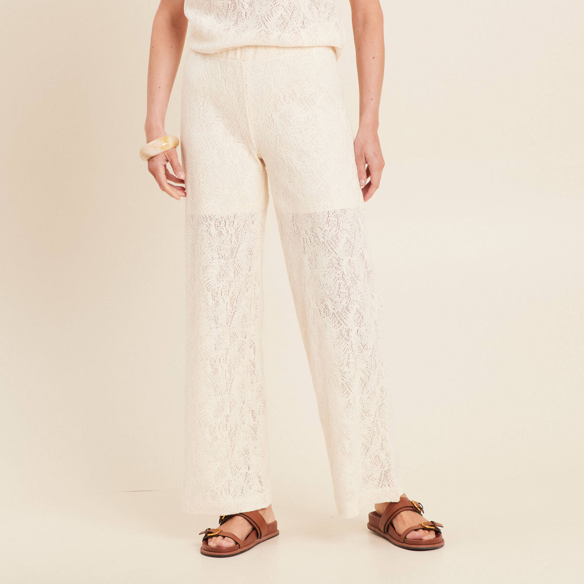 Pantalon large taille basculée ecru femme