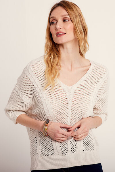 Pull manches 3/4 ajouré ecru femme