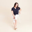 T-shirt col tunisien manches courtes bleu marine femme