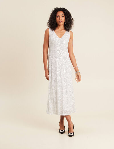 Robe longue ajustée sequins couleur argent femme