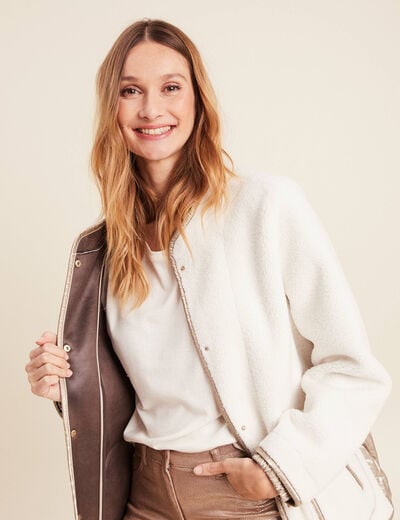 Manteau effet laine mouton &agrave; capuche ecru femme