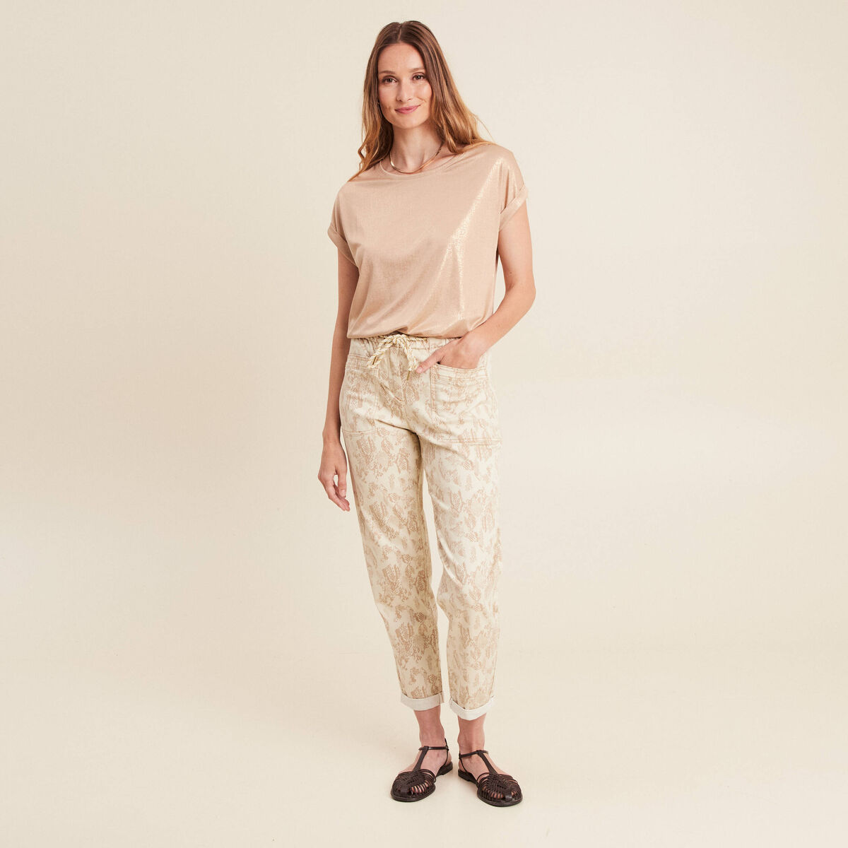 Pantalon coupe mom 7/8&egrave;me beige femme