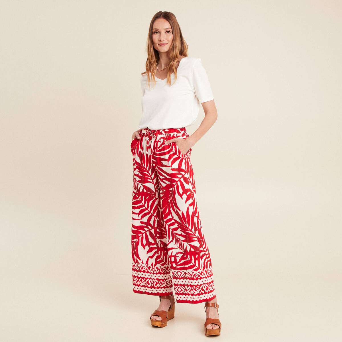 Pantalon large taille haute ecru femme