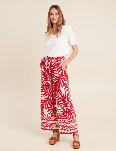 Pantalon large taille haute ecru femme