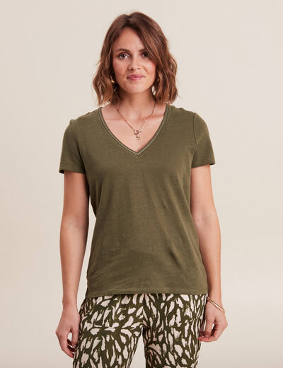 T-shirt manches courtes col en V vert olive femme