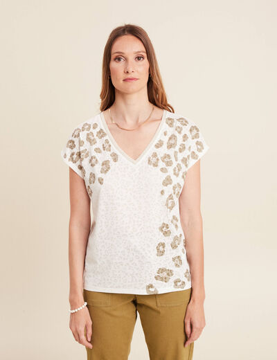 T-shirt droit col V manches courtes ecru femme