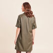 Robe droite courte enduite col chemise vert kaki femme
