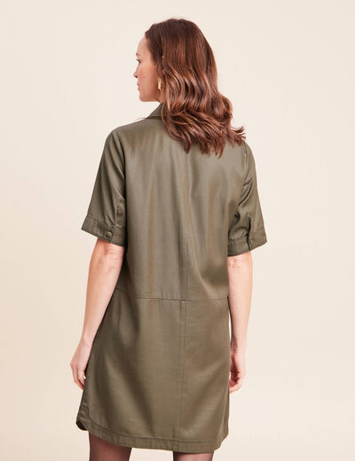 Robe droite courte enduite col chemise vert kaki femme
