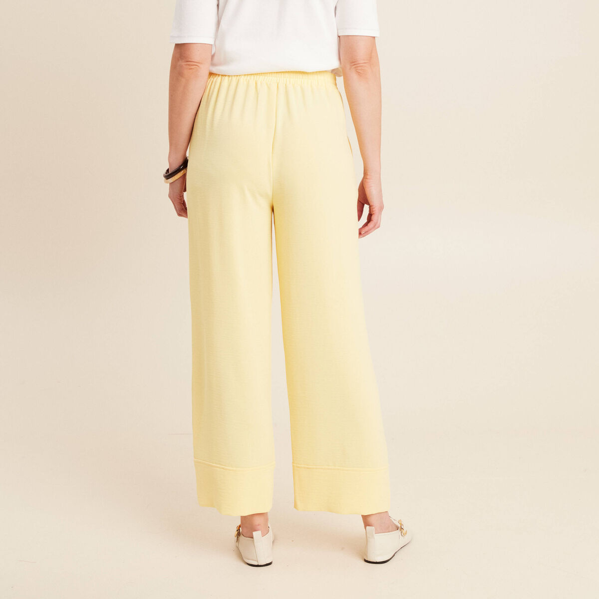 Pantalon large taille haute jaune pastel femme