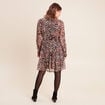 Robe courte &eacute;vas&eacute;e col v manches longues marron femme
