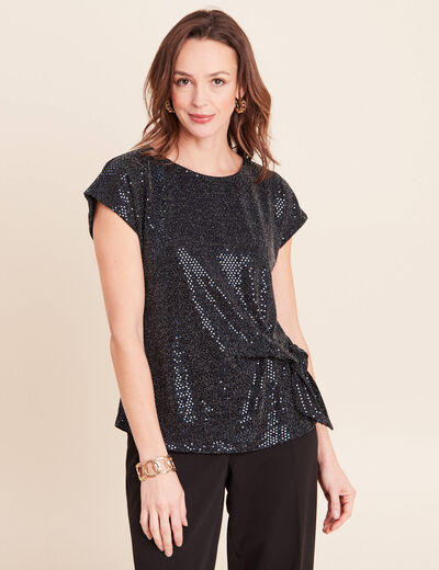 T-shirt cintr&eacute; &agrave; sequins col rond bleu marine femme