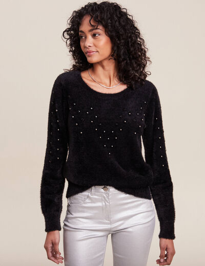 Pull manches longues strass noir femme