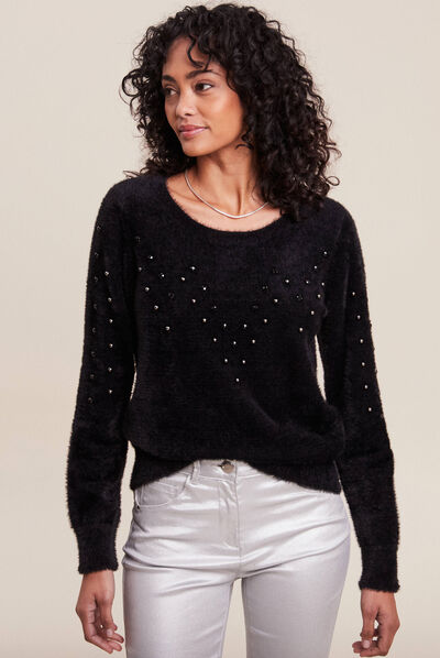 Pull manches longues strass noir femme