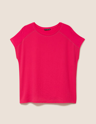 T-shirt bi-mati&egrave;re manches courtes rose fushia femme