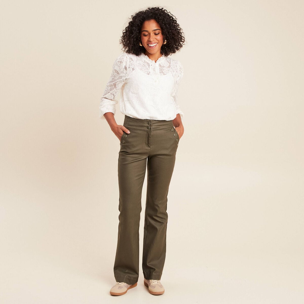 Pantalon bootcut enduit taille haute vert kaki femme