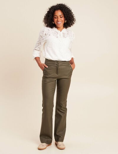 Pantalon bootcut enduit taille haute vert kaki femme