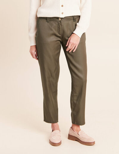 Pantalon coupe chino 7/8&egrave;me effet enduit vert kaki femme