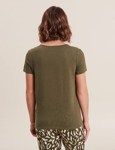 T-shirt manches courtes col en V vert olive femme