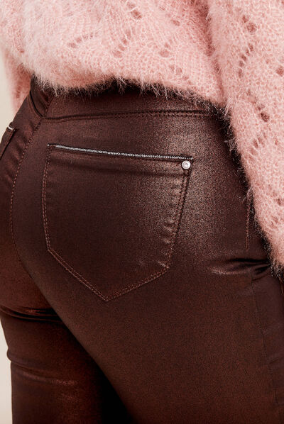 Pantalon ajusté aspect irisé marron foncé femme